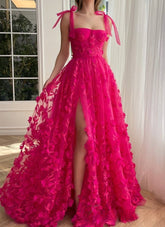 A-line Fuchsia Floral Prom Dress High Split Summer Dress Mychicdress